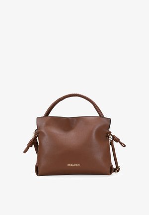 Bolso de cuero marrón con un asa curva, detalles anudados a los lados y el logo dorado "BOSANOVA" en la parte delantera.