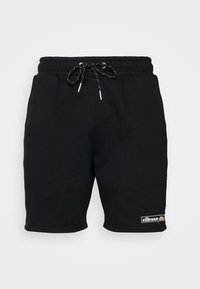 Shorts noirs en mélange de coton avec une taille élastique, un cordon de serrage ajustable et un patch logo en bas à gauche. Texture lisse, longueur au-dessus du genou.