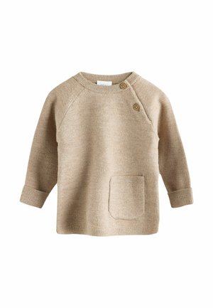 Beige neulepaita pitkillä hihoilla, ribbausmanchetteilla, avokolla ja kahdella puuknappilla olkapäällä. Sisältää etutaskun.