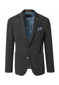 Dunkelgrauer Blazer mit strukturiertem Muster, zwei vorderen Taschen, Reverskragen und blauem Blumenfutter sowie einem passenden Einstecktuch.