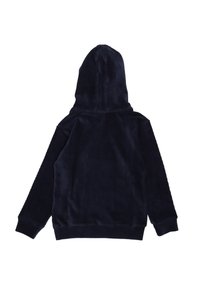 Sudadera con capucha de tela aterciopelada de un azul marino oscuro, con mangas largas y puños acanalados, mostrada desde la parte posterior sobre un fondo blanco.