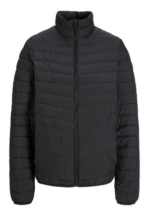 Black padded jacket with a high collar, vertical quilted pattern, full front zipper, and elastic cuffs. Smooth texture, lightweight material.