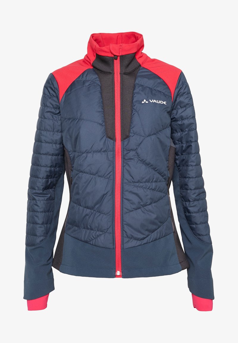 Mörkblå och röd isolerad jacka med hög krage, vadderad textur, dragkedja fram och kontrasterande mörkgrå paneler på sidorna.