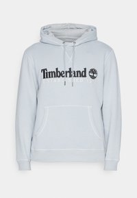 Felpa leggera blu con tasca a marsupio frontale, cappuccio regolabile con cordino e logo "Timberland" ricamato con icona dell'albero.
