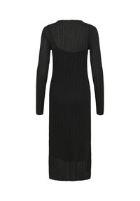 Robe noire à manches longues en tricot côtelé, avec un décolleté rond et une silhouette ajustée, d'une coupe mi-longue.