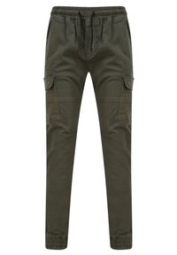 Olivengrønne joggerbukser med elastisk talje, justerbar snor og sidelommer. Blødt stof med en glat tekstur.