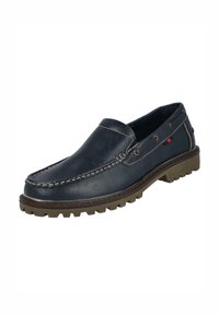 Zapato azul marino de cuero sin cordones con costuras en contraste, suela de goma y ojales metálicos. Presenta un perfil bajo y una suela exterior texturizada.