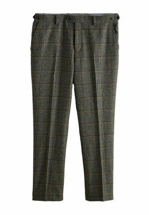 Green and gray plaid trousers with a checkered pattern, featuring a relaxed fit, two front pockets, and two button closures at the waist.