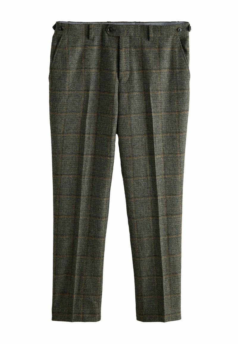 Grüne und graue kariert Hosen mit einem Schachbrettmuster, ausgestattet mit einem lockeren Schnitt, zwei vorderen Taschen und zwei Knopfverschlüssen an der Taille.