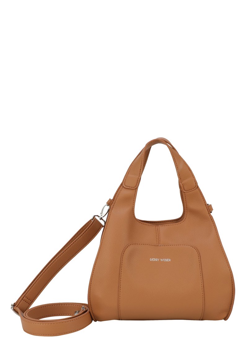 Borsa in similpelle color beige con forma arrotondata, manico corto e tracolla lunga e removibile; presenta una tasca frontale e dettagli con logo.