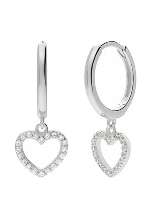 Zilveren oorringen met hangende open hartbedels bezet met kleine heldere kristallen.