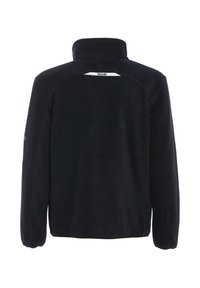 Dunkelblaue Fleecejacke mit hohem Kragen, langen Ärmeln und einem Panele-Design mit Logodetail im Nackenbereich und an der Schulter.