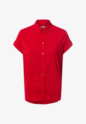 Red short-sleeve button-up shirt with a collar. Made from smooth fabric, featuring a relaxed fit, and rolled sleeve cuffs, offering a casual look.