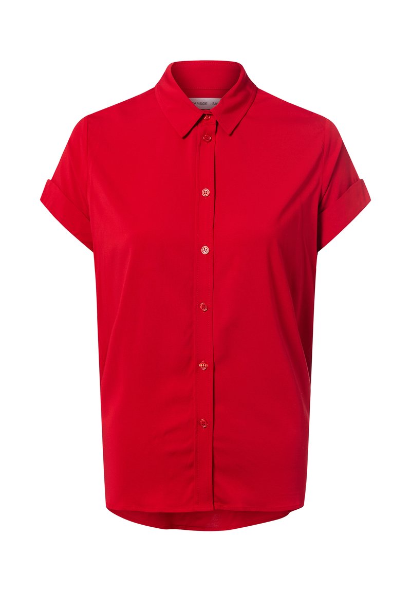 Rød kortermet skjorte med krage og knapper. Laget av glatt stoff, med en avslappet passform og rullede ermekanter, som gir et uformelt utseende.