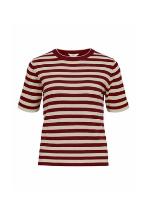 Rood en crèmekleurige gestreepte t-shirt met korte mouwen, een ronde hals, ribbeltextuur en een aansluitend ontwerp.