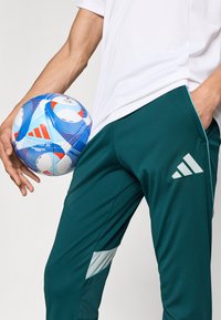 Žalios sportinės kelnės su šviesiai mėlynomis detalėmis ir Adidas logotipu. Vienoje rankoje laikomas spalvingas futbolo kamuolys su raibuliuojančiais raštais.