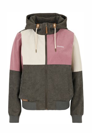 Hooded corduroy jacket with front zipper, drawstrings, and color blocks in olive green, pink, and cream.