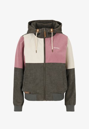 Hooded corduroy jacket with front zipper, drawstrings, and color blocks in olive green, pink, and cream.