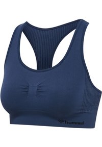 Marinblå sportbh med en slät yta, racerback-design med perforerade paneler, lätt rynkning i mitten och logotypdetalj.