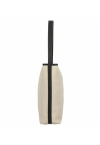 Beige canvas tas met een zwarte leren schouderband en afwerkingen. Lichtjes afgeronde vorm, met een verticale zwarte accentstreep.