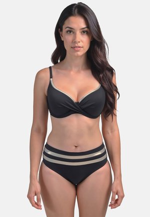 Zwarte bikini-set met een gevormde bh met gouden accenten en hooggetailleerde broekjes met drie horizontale gouden strepen. Soepele textuur.