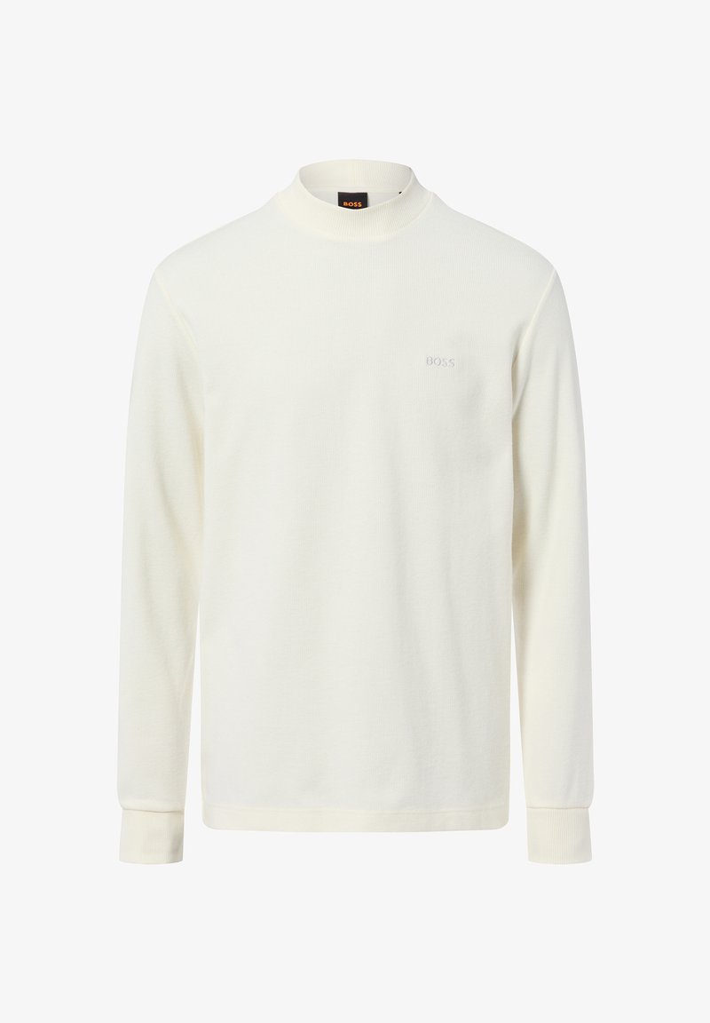 Crème-kleurige blouse met lange mouwen, gemaakt van zachte stof, met een hoge kraag en een klein geborduurd logo op de borst.