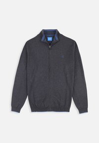 Sweat à zip gris avec doublure de col rayée bleue. Il possède des manches longues et des poignets et un ourlet en côtes assortis en gris. Logo de la marque discret sur la poitrine.