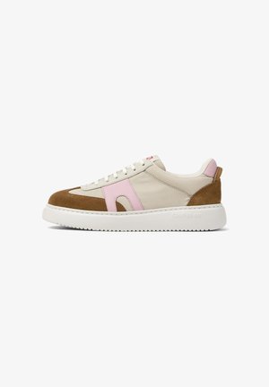 Sneaker with a tan suede toe and pink accents, cream mesh sides, and a white rubber sole, showcasing a modern, casual design.