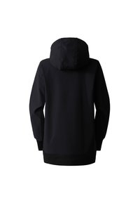 Svart huva jacka med en mjuk textur, med långa ärmar, rundad nederkant och elastiska ärmar, designad för avslappnad användning.