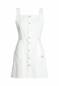 Valkoinen hihaton farkkumekko, jossa on etupainike suljenta, kaksi etutaskua ja Calvin Klein Jeans -logopatchi ala-oikeassa taskussa.