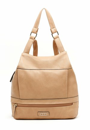 Bolso hobo de cuero beige con una textura suave, doble asa para el hombro, bolsillo frontal con cremallera y un sutil detalle de costuras.