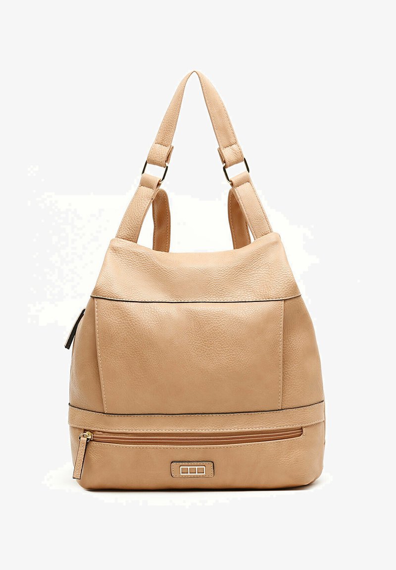 Beige leather hobo bag with a smooth texture, dual shoulder straps, zippered front pocket, and subtle seam detailing.