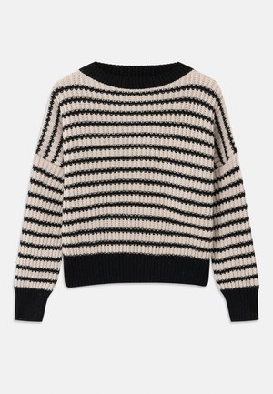 Pull en tricot avec des rayures horizontales noires et crème, encolure large, poignets et ourlet côtelés, coupe ample et tissu texturé.