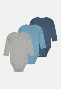 Tre langærmede bodysuits i grå, lyseblå og mørkeblå. Fremstillet af blød bomuld, med trykknaplukninger i bunden.