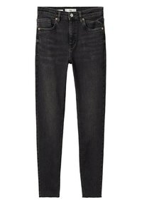 Jean noir coupe slim en denim, doté de cinq poches, de coutures contrastées et de détails métalliques sur la ceinture et les bords des poches.