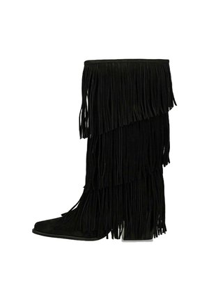 Zwarte suède laars tot de knie met gelaagd franjes, een vierkante neus en een chunky hak voor stabiliteit. Gladde textuur overal.