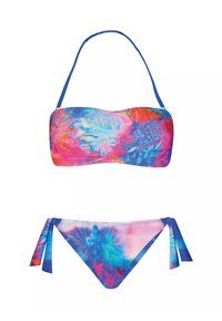 Zestaw bikini z topem bandeau i dolnymi częściami związywanymi po bokach. Intensywne niebieskie, różowe i fioletowe odcienie z wzorem palm. Gładki, elastyczny materiał.