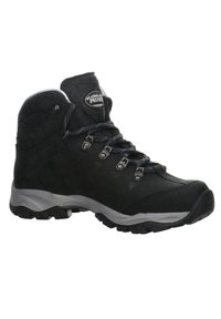 Czarne buty trekkingowe wykonane z zamszu i materiałów syntetycznych, wzmocnione oczka, szara podeszwa, wyściełany kołnierz oraz fakturowana powierzchnia zapewniająca przyczepność.