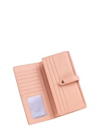 Pink faux leather wallet with multiple card slots, a transparent ID window, and a snap closure. Features stitched accents and smooth texture.