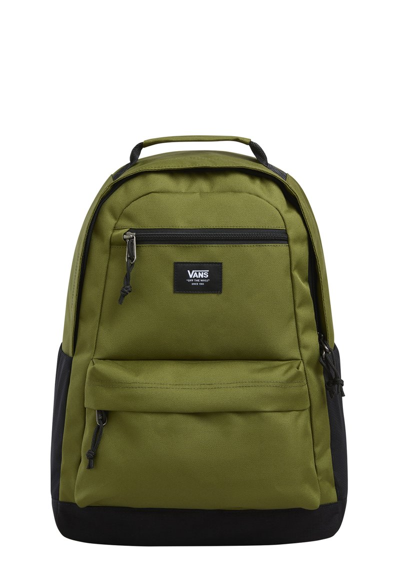 Green fabric backpack with a black bottom, featuring a front zip pocket and a top handle. Includes branded label on the front.