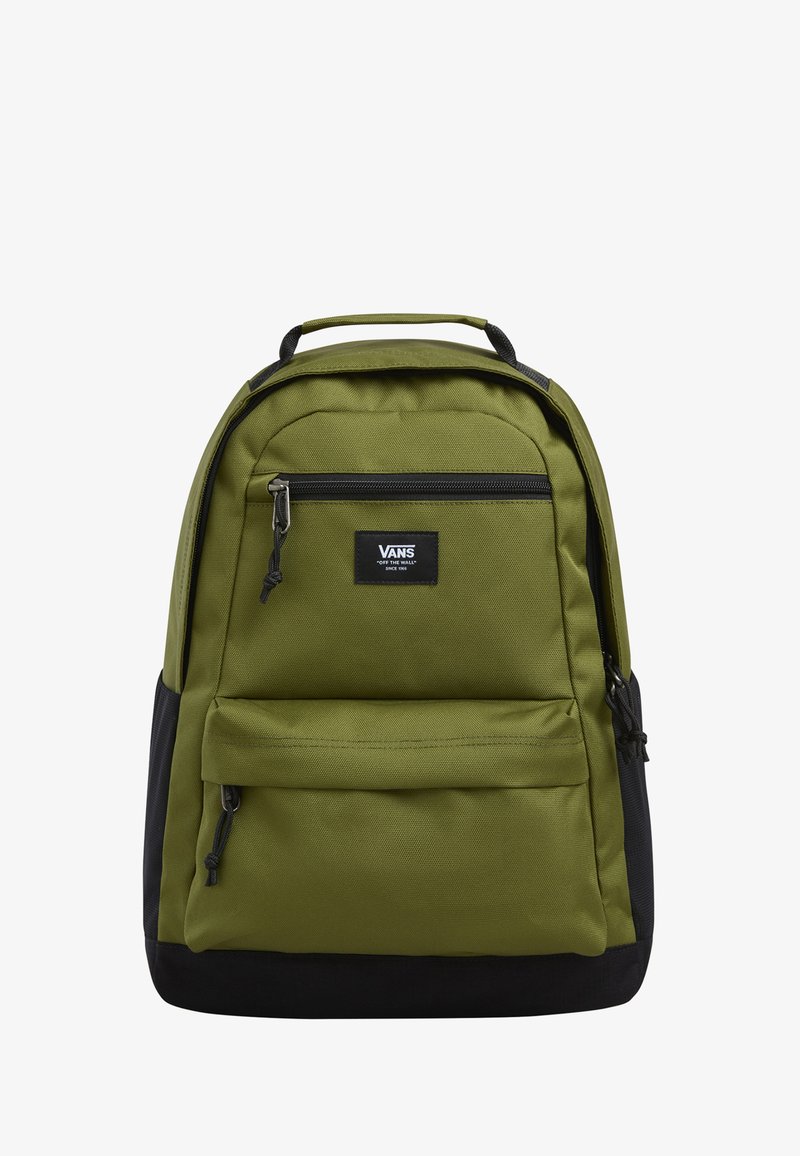 Green fabric backpack with a black bottom, featuring a front zip pocket and a top handle. Includes branded label on the front.