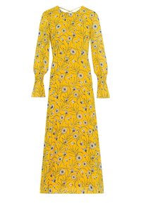 Robe longue jaune à manches longues avec imprimé floral bleu et blanc, taille cintrée et poignets évasés aux manches.