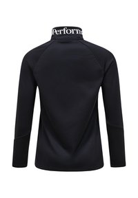 Maglietta atletica nera a maniche lunghe con colletto alto, caratterizzata dal testo bianco "Perform". Texture liscia e design aderente con maniche raglan.