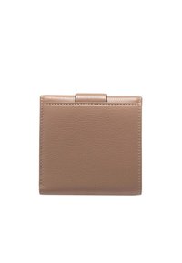 Taupe leather cardholder with a rectangular shape, smooth texture, and a clasp closure on the top. Stitched edges and minimalist design.