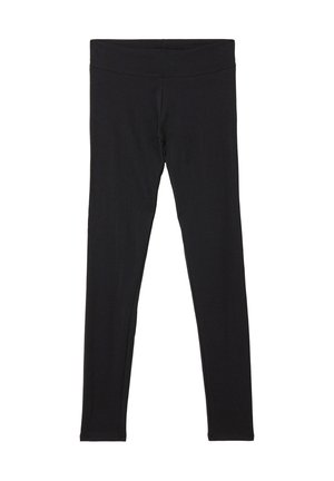 Schwarze Leggings aus dehnbarem Stoff mit glatter Textur, ausgestattet mit einem breiten Bund und schmal zulaufenden Beinen für eine figurschmeichelnde Passform.