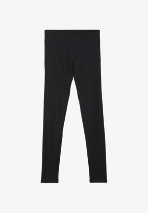 Schwarze Leggings aus dehnbarem Stoff mit glatter Textur, ausgestattet mit einem breiten Bund und schmal zulaufenden Beinen für eine figurschmeichelnde Passform.