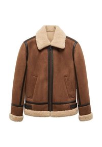 Bruine suede jas met crème schapenvacht kraag, manchetten en zoom, rits aan de voorkant, schuine zakken en zwarte randafwerking.