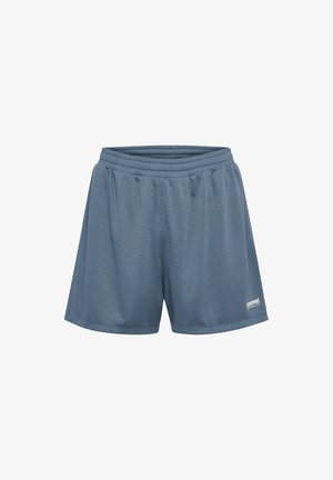 Donkerblauwe sportieve mesh shorts met een elastische tailleband en een wit logo aan de rechter benedenkant. Kenmerkt zich door een ademende, lichtgewicht stof.