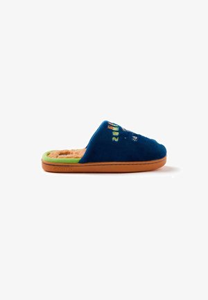 Zapatilla de ante azul con un acento verde en el borde, suela naranja y detalles bordados. Interior suave para mayor comodidad.
