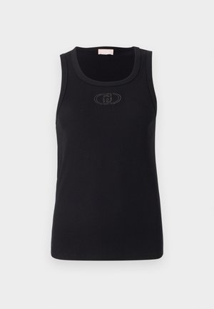 Top senza maniche a costine nero con scollo rotondo. Presenta un logo ricamato discreto sulla parte anteriore. Tessuto morbido.